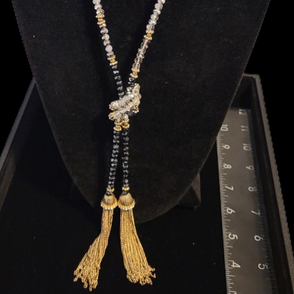 Elegant Gold, Gray & Black Beaded Lariat Necklace